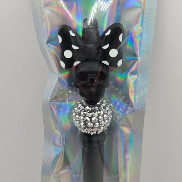 Other - Black Beaded Pen w/ Skull, Bow, Rhinestones / Spare Ink Cartridge - Handmade